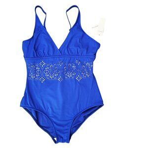 Liz Claiborne One Piece Swimsuit Womens 14 Blue Laser Cutout Tummy Control Beach